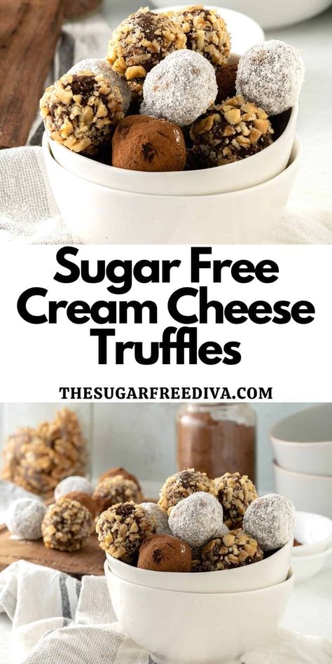 Sugar Free Cream Cheese Truffles, an easy and delicious no bake dessert or treat recipe. Sugar free, keto, low carb, and gluten free. Deserts With Cream Cheese, Sugar Free Truffles, Cream Cheese Truffles, Low Sugar Dinners, Cheese Truffles, No Bake Truffles, No Sugar Desserts, Low Sugar Diet Recipes, Dinner Recipes Healthy Low Carb