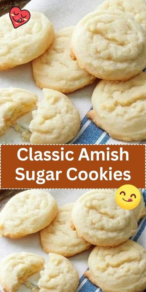 Bake a batch of love with these Classic Amish Sugar Cookies. Soft, chewy, and packed with a delightful blend of vanilla and buttery sweetness, these cookies capture the essence of tradition. Decorate them with colorful frosting or savor their simplicity - either way, they're a timeless treat. Amish Cookies, Amish Sugar Cookies, Drop Sugar Cookies, Crispy Chocolate Chip Cookies, Butter Sugar Cookies, Cinnamon Sugar Cookies, Cookies Soft, Lemon Sugar Cookies, Chewy Sugar Cookies