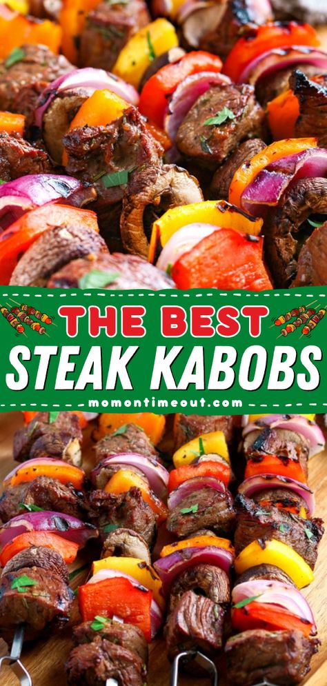 The BEST steak kabobs on the grill! They're a favorite summer grilling idea for dinner featuring a simple steak marinade. Skewered with veggies, these grilled steak kabobs are an all-in-one meal! Put these beef kabobs on your Father's Day recipes! Kebab Marinade, Steak Kabob Marinade, Grilled Beef Kabobs, Grilled Steak Kabobs, Kabob Marinade, Best Steak Marinade, Steak Skewers, Steak Kebabs, Fruit Kebabs