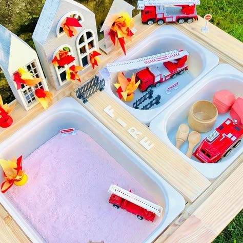 Firetruck Sensory Bin, Fire Truck Sensory Bin, Fire Sensory Play, Fireman Sensory Bin, Firefighter Sensory Bin, Fire Sensory Bin, Firetruck Activity, Little Fires Everywhere, Sensory Bin Play