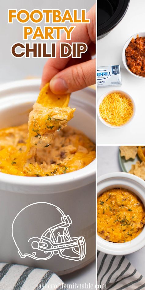 Football party crockpot chili cheese dip for a game day appetizer. Crockpot Chili Cheese Dip, Chili Cheese Dip Crockpot, Cheese Dip Crock Pot, Football Food Appetizers, Dip Recipes Crockpot, Favorite Party Appetizers, Slow Cooker Dips, Crock Pot Chili, Chili Cheese Dip