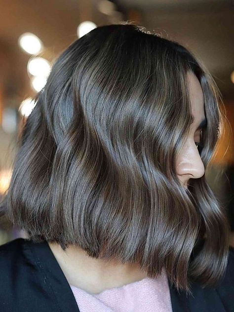 Subtle Mushroom Brown Balayage for Soft Wavy Long Bob Mushroom Brown Bob, Olive Skin Tone Hair Color, Mushroom Brown Balayage, Brown Balayage Bob, Base Hair Color, Mushroom Brown Hair, Brown Balayage Hair, Brown Bob Hair, Dark Brown Hair Balayage