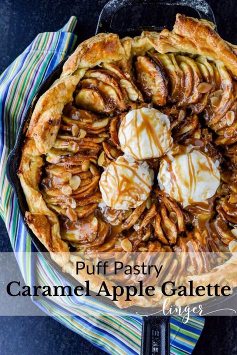 A Caramel Apple Galette is the best dessert for the Fall season or the holidays coming up. The Puff Pastry creates a flaky crust. This easy rustic dessert is loaded with granny smith apples and would be beautiful on your Thanksgiving or Christmas table. #applegalette #caramelapple #holidaydesserts #desserts #Thanksgiving #puffpastry #galette Caramel Apple Galette, Apple Galette Recipe, Desserts Thanksgiving, Rustic Dessert, Rustic Arrangements, Foods Ideas, Apple Puff Pastry, Apple Galette, Puff Pastry Desserts