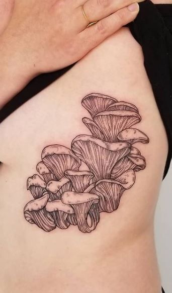 Thigh Mushroom Tattoo, Mushroom Tattoo Thigh, Fungal Tattoo, The Last Of Us Mushroom Tattoo, Chicken Of The Woods Tattoo, Mushroom Tattoo Realistic, Mushroom Chest Tattoo, Japanese Mushroom Tattoo, Mushroom Shoulder Tattoo