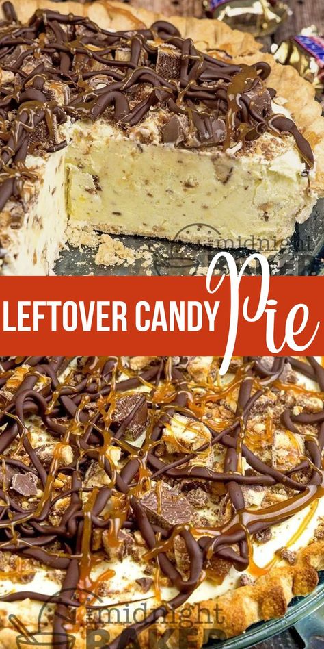 What do you do with leftover halloween candy like snickes? You make the best Thanksgiving cream pie recipe. So easy to make and so delicious. Caramel Delight Pie, Candy Bar Pie Recipes, Candy Bar Pie, Icebox Pies, Leftover Halloween Candy Recipes, Halloween Candy Recipes, Candy Pie, Pie Ideas, Dessert Pies