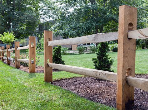 Rustic Fences And Gates, Split Rail Fence Ideas Landscaping, Pole Fence Ideas, Property Line Ideas, Driveway Fence Ideas Entrance, Farmhouse Fence Ideas Front Yards, Rustic Wood Fence Ideas, Cedar Post Fence, Cedar Split Rail Fence