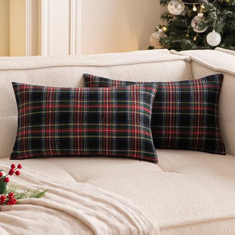 Tartan Plaid Christmas, Plaid Throw Pillow, Plaid Throw Pillows, Couch Pillow Covers, Plaid Throw, White Christmas Decor, Stripe Throw Pillow, Decorative Pillows Couch, Christmas Set