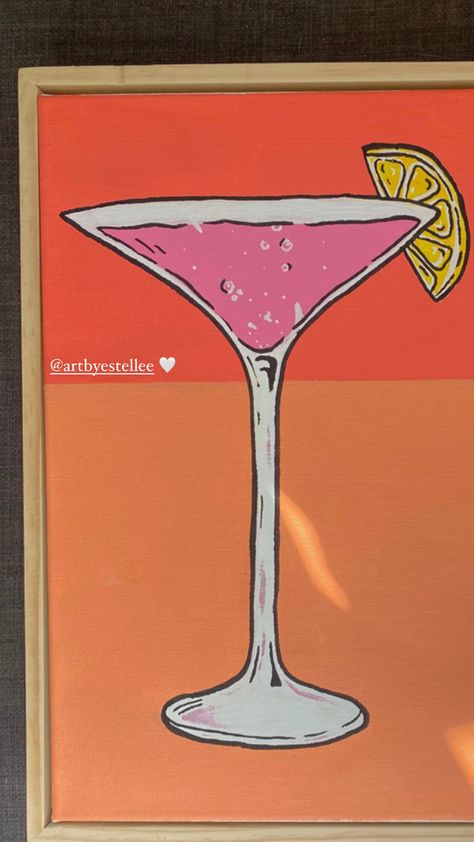 Alcohol Bottle Painting On Canvas, Martini Glass Painting Easy, Drinks Painting Aesthetic, Pop Art Alcohol, Paintings Of Alcoholic Drinks, Easy Wine Painting, Alcoholic Drinks Painting, Martini Glass Painting Canvas, Cocktail Painting Acrylic Easy