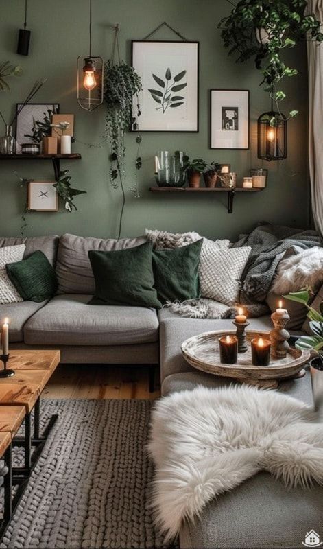 Nature Living Room Ideas, Light Gray Couch Dark Walls, Lounge Wall Decor Ideas, Green Lounge Grey Sofa, Leds In Living Room, Grey Couch Home Decor, Dark Green Living Room Grey Sofa, Black Green Apartment, Minimalist Art Living Room