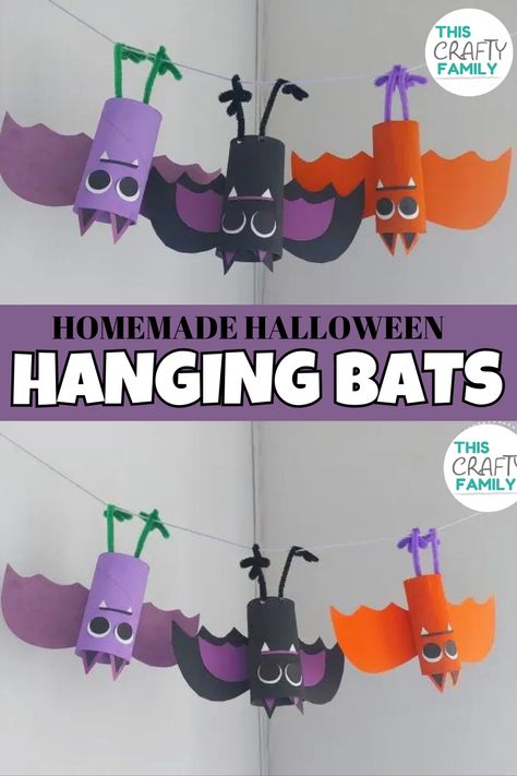 cute hanging bat craft for kids. homemade halloween decorations perfect for this spooky season! #craftsforkids #crafts #artsandcrafts #halloweendecorations #homemadehalloween #spookyseason Hanging Halloween Crafts For Kids, Homemade Halloween Decorations For Kids, Halloween Mobile Craft, Hanging Bat Craft, Recycled Halloween Decorations, Bat Crafts For Kids, Bat Halloween Decorations, Spooky Garland, Hanging Bats