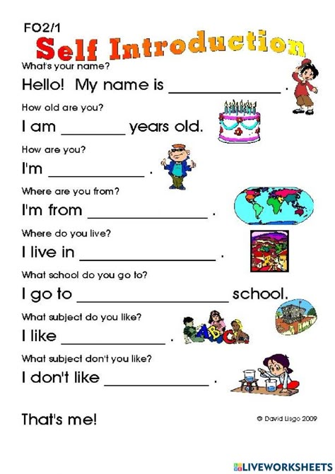 Self Introduction, All About Me Worksheet, English Exercises, English Grammar Worksheets, English Worksheets For Kids, Speaking Activities, Kids English, Introduce Yourself, English For Kids