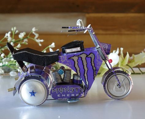 Monster Harley Davidson Style Trike Motorcycle Recycled Tin - Etsy Monster Cans Diy, Harley Davidson Style, Can Tab Crafts, Soda Can Crafts, Recycled Tin Cans, Monster Crafts, Trike Motorcycle, Recycled Tin, Pop Cans