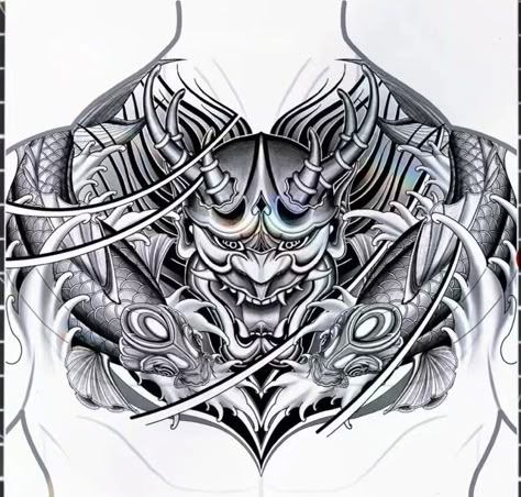 Koi Sketch, Chest Tattoo Japanese, Oni Mask Tattoo, Full Chest Tattoos, Oni Tattoo, Samurai Tattoo Design, Manga Tattoo, Cool Chest Tattoos, Chest Piece Tattoos