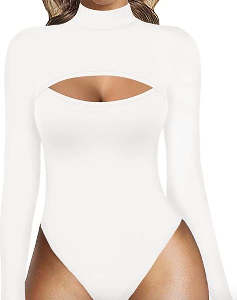 White Halter Neck Bodysuit With Lined Body, Luxury High Neck Fitted Bodysuit, White High Cut Bodysuit, White Fitted High Neck Bodysuit, Luxury High-neck Fitted Bodysuit, Elegant Bodysuit, Collar Bodysuit, Long Sleeve Leotard, Bodysuit Tops