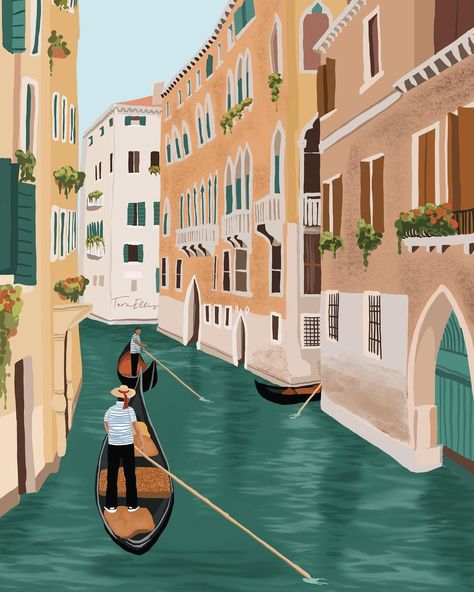 Gondola Illustration, Venice Illustration, Pastel Poster, Illustration Template, Architecture Collage, City Illustration, Artwork For Home, Wall Gallery, Art Class