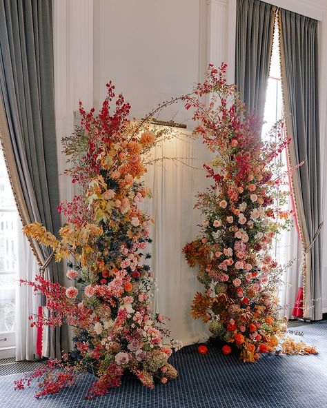 A moment to admire the way @e_p_h_e_m_e_r_a plays with fall foliage 🍁🌸💫 photos by @mashaida.co Burgundy Flower Arch, Burgundy And Marigold Wedding, Fall Wedding Arch, Marigold Wedding, Cooper Wedding, Fall Wedding Arches, Fall Color Schemes, Fall Wedding Color Palette, Orange Tone