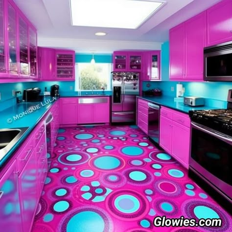 Neon Home Decor Interior Design, Vaporwave Kitchen, Vaporwave House Decor, Neon Kitchen Aesthetic, Synthwave Interior Design, Neon House, Old Caravan, Caravan Trailer, Colorful Room Decor