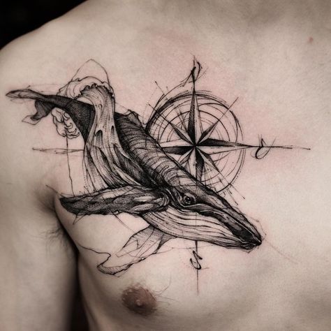 Vintage Compass Tattoo, Humpback Whale Tattoo, Tattoo Sketch Art, Simple Compass Tattoo, Zelda Tattoo, Tattoo Shading, Compass Tattoo Design, Whale Tattoos, Ocean Tattoos