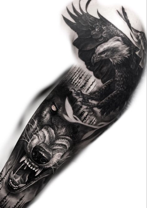 Eagle and wolf tattoo design Eagle And Wolf Tattoo Design, Wolf Eagle Tattoo Design, Wolf Sleeve Tattoos For Guys, Eagle And Wolf Tattoo, Eagle Wolf Tattoo, Wolf And Eagle Tattoo, Eagle Tattoo Sleeve, Eagle Tattoo Men, Eagle And Wolf