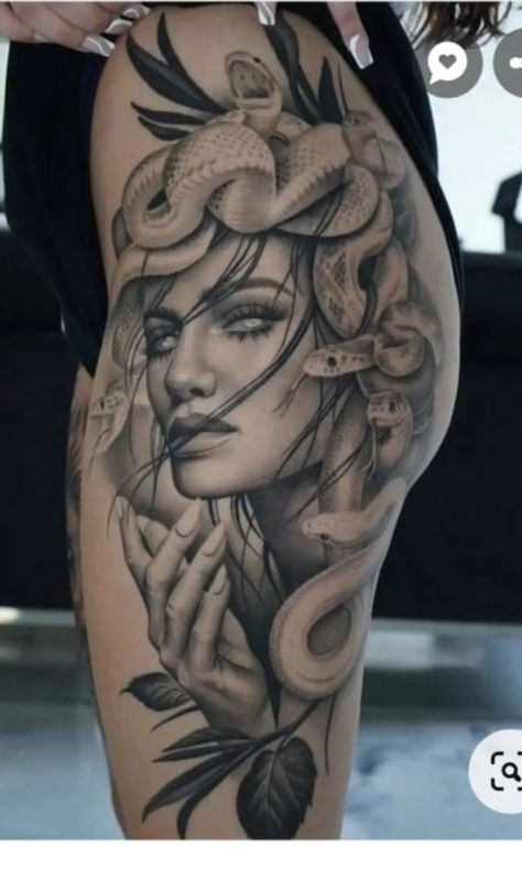 Large Medusa Tattoo, Thigh Tattoos Medusa, Back Tattoos Plus Size Women, Large Thigh Piece Tattoo, Full Leg Piece Tattoo Women, Medusa Full Body Tattoo, Medusa Leg Sleeve, Full Thigh Tattoo Women, Medusa Leg Sleeve Tattoo