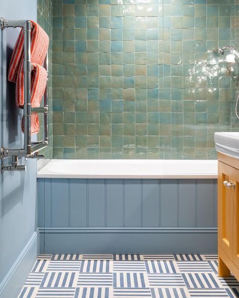 Kate Guinness on Instagram: "We had fun with tiles in this basement bathroom from a recent project - wall tiles from Mosaic Factory, paint colour is Pale Medici Blue by Papers & Paints. Floor tiles are ‘Navy Blue Stripes’ by Otto Tiles. #bathroomdecor #bathroominteriors #bathroomtiles #interiors #interiordesign #kateguinnessdesign" Kate Guinness, Otto Tiles, Glass Tile Bathroom, Green Tile Bathroom, Blue Bathroom Tile, Bathroom Green, Heritage Bathroom, Striped Tile, Bathroom Design Inspiration