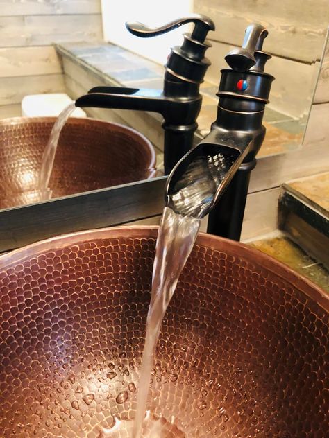 Hammered Copper Sink, Copper Vessel Sinks, Farmhouse Bathroom Sink, Copper Sink Bathroom, Copper Vessel, Copper Highlights, Copper Bathroom, Vessel Faucets, Undermount Bathroom Sink