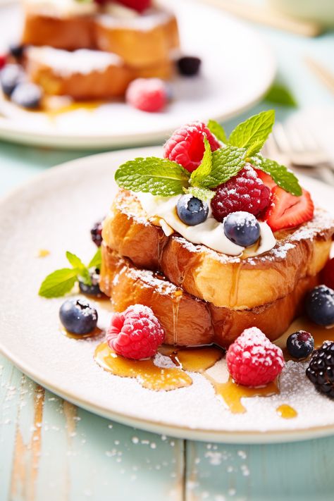 Indulge in a Luxurious Mediterranean Twist: Ricotta and Berry Stuffed French Toast Recipe French Toast Plating, Brunch Plating, Special Breakfast Ideas, Breakfast Fancy, French Toast With Berries, French Toast Stuffed, Ricotta French Toast, Luxury Brunch, Brunch Menu Ideas