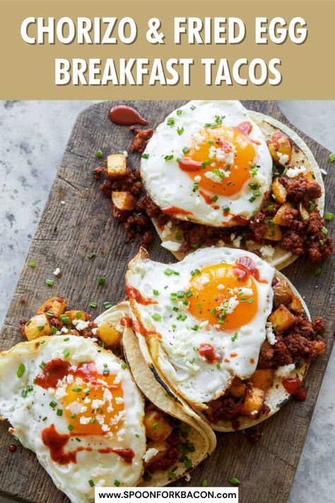 These Chorizo and Fried Egg Breakfast Tacos are perfect for a lazy weekend breakfast ideas. They’re pretty simple to make and totally satisfying. If fried soft eggs aren't your thing, you can totally scramble your eggs for an equally delicious breakfast taco. | breakfast ideas | mexican food recipes | taco | egg recipes | Egg Breakfast Tacos, Fried Egg Breakfast, Chorizo Breakfast, Chorizo And Potato, Fried Eggs, Breakfast Tacos, Egg Breakfast, Taco Recipes, Breakfast Brunch Recipes