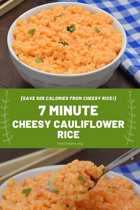 Save 505 calories with this faux cheesy rice! Using powdered cheese and cauliflower rice, you can have this delicious, filling meal in under 7 minutes! Try this low calorie cheesy cauliflower rice today! {gluten free, low carb, and so tasty!} Cheese Cauliflower Rice, Cheesy Cauliflower Rice, Low Calorie Sides, Health Beet, Low Calorie Side Dishes, Healthy Low Calorie Dinner, Cheese Cauliflower, Bright Line Eating Recipes, Cheesy Rice