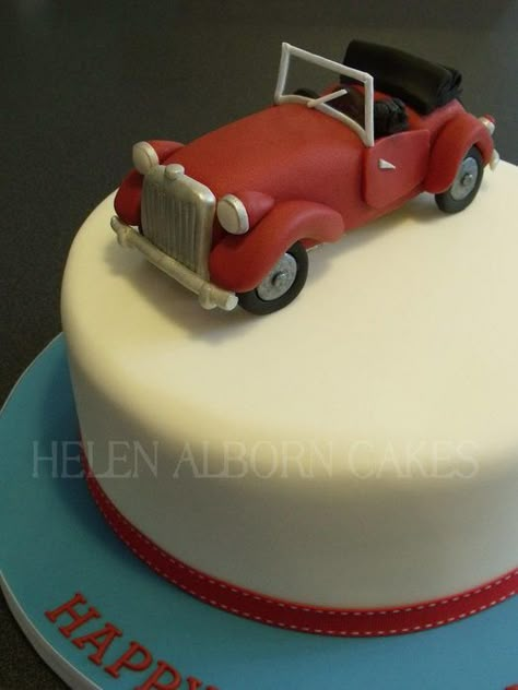 Cake for a classic car enthusiast who owns a red Gentry, similar to an MG roadster and a little black Jackapoo dog. Car Cakes For Men, Man Cakes, Vintage Car Birthday, Car Cake Tutorial, Vintage Car Party, Cake Car, Bespoke Cakes, Car Cakes, Cars Birthday Cake