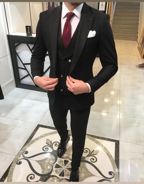 Suit With Red Tie, Coat Pant For Men, Wedding Suits Men Black, Mens Casual Suits, Stylish Mens Suits, Black Suit Men, Classy Suits, Dress Suits For Men, Designer Suits For Men