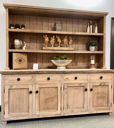 Large Sideboards And Buffets, Large Wall Cabinet, Rustic Hutch Farmhouse Style, Hutch Repurpose Ideas, Kitchen Hutch Ideas Farmhouse Style, Diy Hutch Build, Hutch Decorating Ideas Display, Open Shelf Hutch, Entryway Hutch