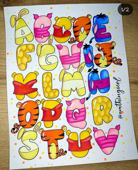 Winnie The Pooh Letters Alphabet, Letter Doodles Alphabet, Abc Fonts Cute, Lettering Ideas Alphabet, Letras Disney, Alfabeto Lettering, Hand Lettering Alphabet Fonts, Lettering Styles Alphabet, Lettering Guide