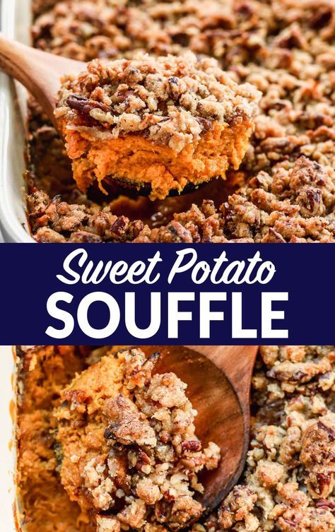 Healthy sweet potato souffle that's perfect for a holiday meal! This easy side dish uses simple ingredients like sweet potatoes, maple syrup, pecans, and vanilla to create delicious flavor. The perfect holiday side dish! #wellplatedrecipes #sweetpotatosouffle #holidaysidedish #vegetablesidedish #Thanksgivingsidedish #healthysidedish Southern Sweet Potato Souffle, Sweet Potato Souffle Recipes With Pecans, Maple Sweet Potato Souffle, Potato Souffle, Sweet Potato Side Dish, Maple Sweet Potatoes, Sweet Potato Sides, Holiday Candy Recipes, Asparagus Casserole