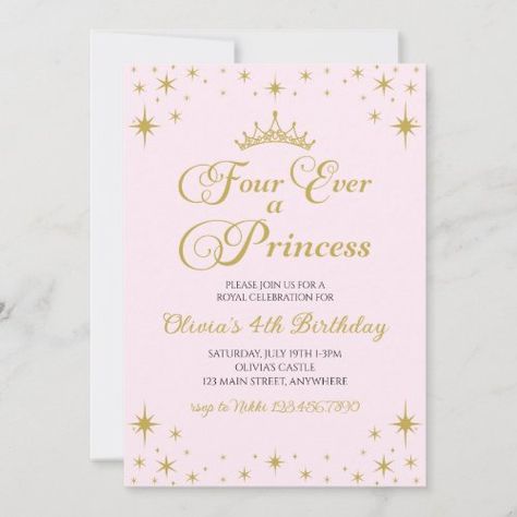 $2.82 | Four Ever a Princess Royal 4th Birthday - gold, crown, royal celebration, girl, elegant, fancy, our little princess, 4th birthday, four ever a princess, pink Pink Birthday Theme, 4th Birthday Invitation, Sibling Birthday Parties, Princess Birthday Decorations, Fairy Invitations, Princess Party Invitations, Royal Celebration, 4 Princess, Princess Birthday Party Decorations