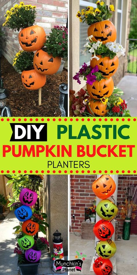 DIY Plastic Pumpkin Bucket Planters Pumpkins Decorating Ideas Fall, Pumpkin Planters Diy, Fall Pumpkin Planter Ideas, Stacking Plastic Pumpkins Porch, Dollar Tree Halloween Pumpkin Crafts, Halloween Bucket Decoration Ideas, Plastic Pumpkins Diy, Pumpkin Buckets Decoration, Plastic Pumkin Decoration Ideas Front Porches