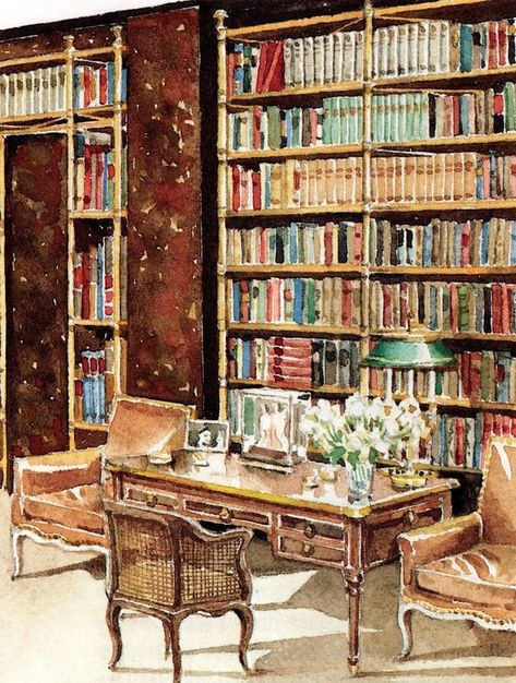 Cole Porter's Waldorf Towers apartment, with its floor to ceiling Directoire-inspired tubular brass bookcases placed against lacquered tortoiseshell-vinyl walls. Mark Hampton, Chocolate Walls, Billy Baldwin, Cole Porter, Bookcase Design, Interior Sketch, Interior Illustration, Interior Rendering, Home Libraries