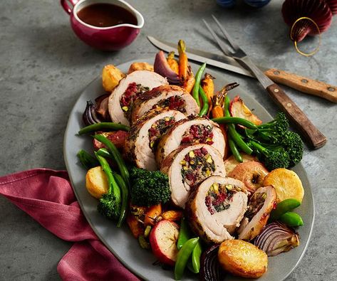 Christmas recipe: Turkey breast, cranberry and pistachio stuffing | Australian Women's Weekly Christmas Turkey Dinner Menu Ideas, Main Dish Christmas Dinner Ideas, Christmas Main Meal, Recipes With Turkey, Food Moodboard, Easy Christmas Recipes, Stuffed Turkey Breast, Turkey Roulade, Cranberry Stuffing