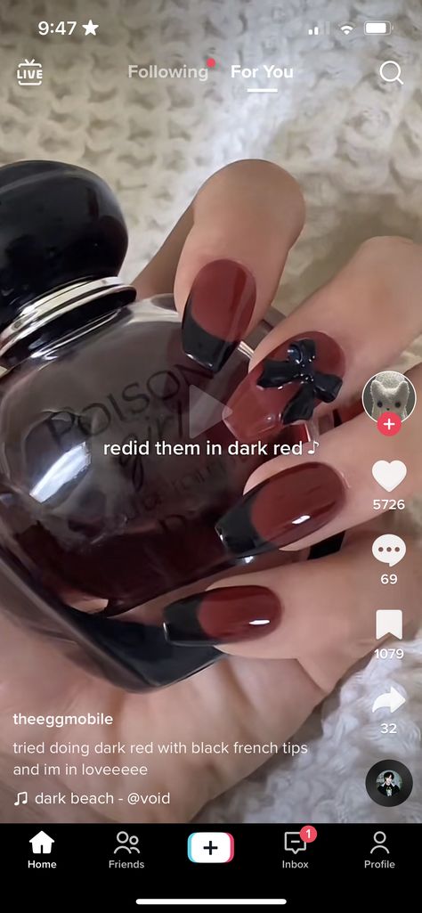 Burgundy Nails With Black French Tip, Dark Red Nails With Black French Tips, Wine And Black Nails, Red Black French Tip Nails, Black And Burgundy Nail Designs, Red Nails With Black French Tip, Black And Maroon Nails, Black And Burgundy Nails, Masquerade Nails