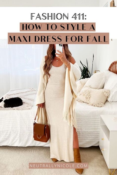 Transition your maxi dress seamlessly into fall with these chic outfit ideas. From cozy cardigans to bohemian vibes, discover trendy ways to style your dress for the season. Add boots for that perfect finishing touch. Tan Maxi Dress Outfit, Maxi Dress For Fall, Casual Maxi Dress Outfit, Style A Maxi Dress, How To Style A Maxi Dress, Casual Maxi Dress, Dress For Fall, Fall Trends Outfits, Fall Transition Outfits