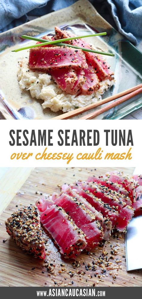 This Sesame Seared Tuna with Cheesy Cauliflower Mash is an easy and flavorful asian inspired dinner that's ready in under 30 minutes using your Instant Pot! Tuna steaks pan sear perfectly in just minutes, and pair perfectly with creamy cauliflower puree. This healthy recipe is easy to make and so hearty! #seafood #healthyrecipes Ahi Tuna Recipe Baked, Asian Inspired Dinner, Seared Ahi Tuna Recipe, Sesame Seared Tuna, Ahi Tuna Steak Recipe, Healthy Steak Recipes, Ahi Tuna Recipe, Cheese Cauliflower, Ahi Tuna Steak