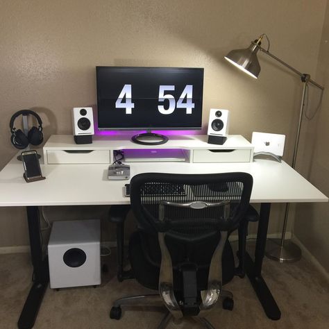 Amanda Woolsey on Instagram: “Combined the @ikea #bekant desk base with the #galant top to create my newest setup. Setup video will be on my YouTube channel soon…” Black Ikea Desk Setup, Ikea Bekant Desk Hack, Lagkapten Mittback Desk, Ikea Bekant Corner Desk, Ikea Desk Top Monitor Stand, Bekant Corner Desk, Bekant Desk, Ikea Bekant Desk, Ikea Bekant