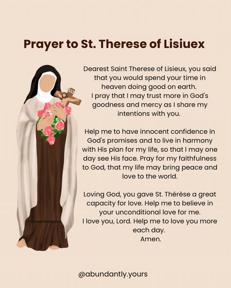 Happy Feast Day to St. Therese of Lisieux 💗💐 Let her be a beautiful example of child like Faith to us all 🥹 St. Therese of Lisiuex pray for us! 🤍 abundantlyyours.org St Therese Of Lisieux Prayers, St Therese Of The Child Jesus, St Therese Of Lisieux Art, Saint Therese Of Lisieux Art, St Therese Of Lisieux Pictures, St Therese Of Lisieux Quotes, Child Like Faith, Project Quotes, Happy Feast Day