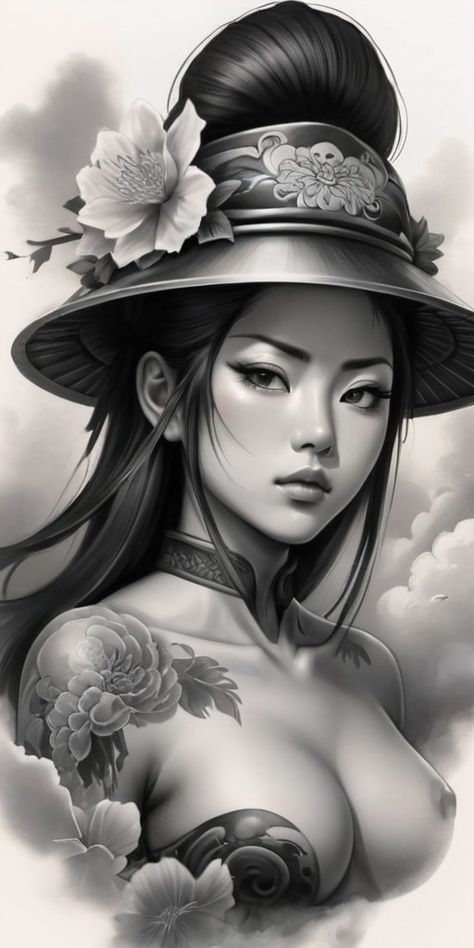 Anime Women Tattoo Design, Japanese Tattoo Designs Geisha, Japanese Tattoo Art Draw, Japanese Tattoo Art Geisha, Samurai Woman Art, Japanese Woman Tattoo, Samurai Girl Tattoo, Orientalism Art Tattoo, Female Samurai Tattoo