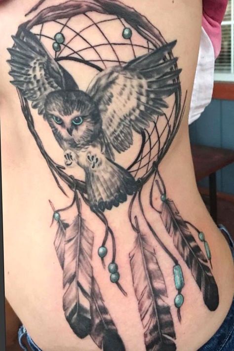 Angel Wing Tattoo Memorial, Owl Dreamcatcher Tattoo, Owl Thigh Tattoos, Owl Feather Tattoos, Tattoos For Dad Memorial, Dream Catcher Tattoo Design, Dove Tattoos, Dream Catcher Tattoo, Owl Tattoo Design