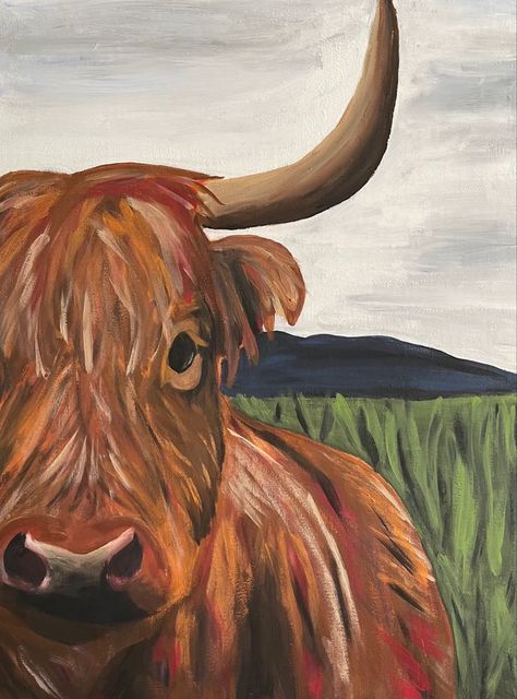 Longhorn Cow Painting Easy, Hiland Cow Painting Easy, Texas Painting Ideas Easy, Western Simple Painting Ideas, Painting Ideas Western Easy, Paint Highland Cow, Country Music Painting Ideas, Western Simple Paintings, Agriculture Art Paintings