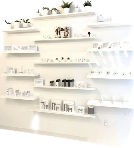 Salon Retail Display, Salon Shelves, Aloe Vera Soothing Gel, White Wall Shelves, Esthetician Room Decor, Esthetics Room, Retail Store Interior Design, Salon Suites Decor, Esthetician Room