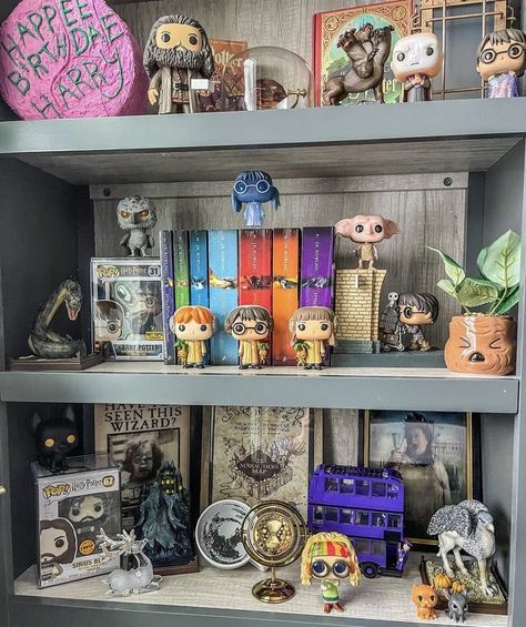 Harry Potter Book Shelf, Harry Potter Room Aesthetic, Harry Potter Bookshelf, Funko Display Ideas, Funko Pop Display Ideas, Harry Potter Shelf, Harry Potter Display, Harry Potter Fanları, Harry Potter Bedroom Decor