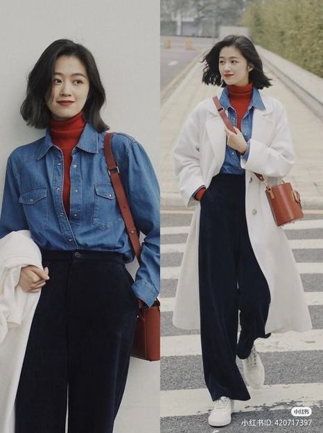 Chic Japanese Fashion, Office Outfits Women Trendy, Casual Winter Outfits Korean Style, Vintage Outfits Jeans, Outfits With Colorful Shoes, Flattering Winter Outfits, Japan Work Outfit, Blue Outfit Office, Modern Office Outfit