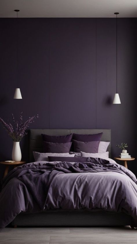 Dark Paint Colours Bedrooms, Dark Purple Aesthetic Bedroom, Dark Purple Wall Color, Dark Purple Interior Design, Dark Purple Wall Paint, Dark Purple Bedroom Aesthetic, Dark Plum Bedroom, Dark Purple Room Aesthetic, Dark Purple Bedroom Walls